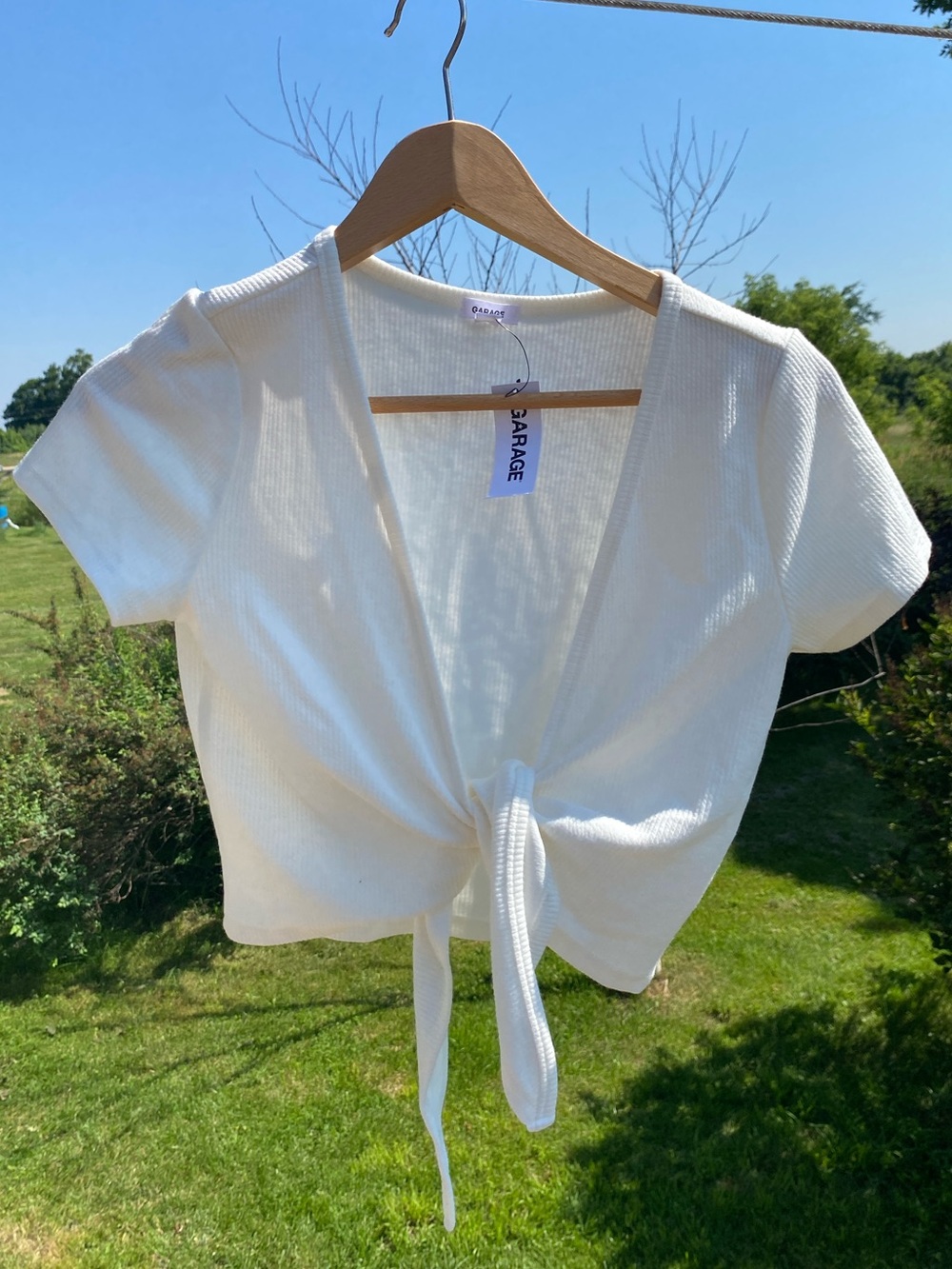 Garage Ribbed Short Sleeve Tie Top